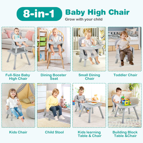 Versatile 8-in-1 Baby High Chair & Booster Seat with Removable Tray - Stylish Grey