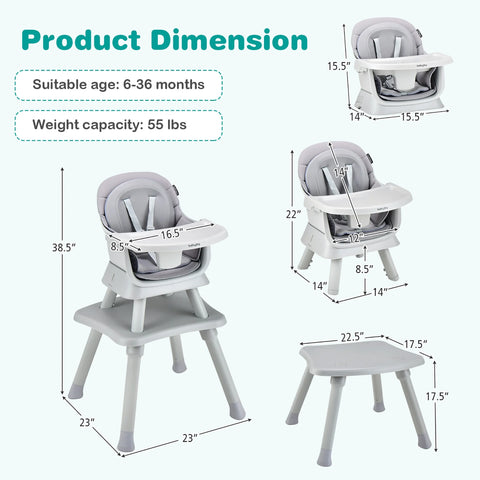 Versatile 8-in-1 Baby High Chair & Booster Seat with Removable Tray - Stylish Grey