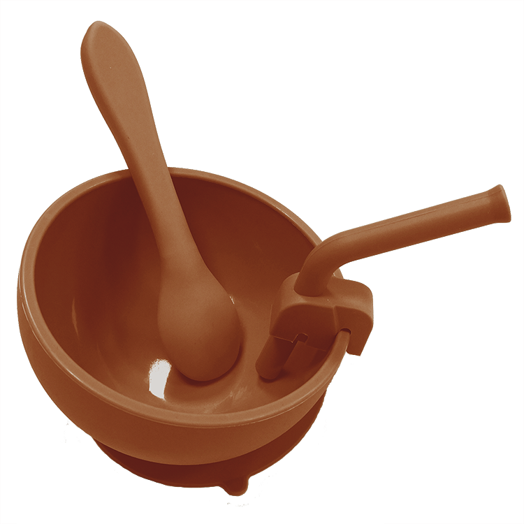 Suction Bowl with Straw & Spoon - Brown